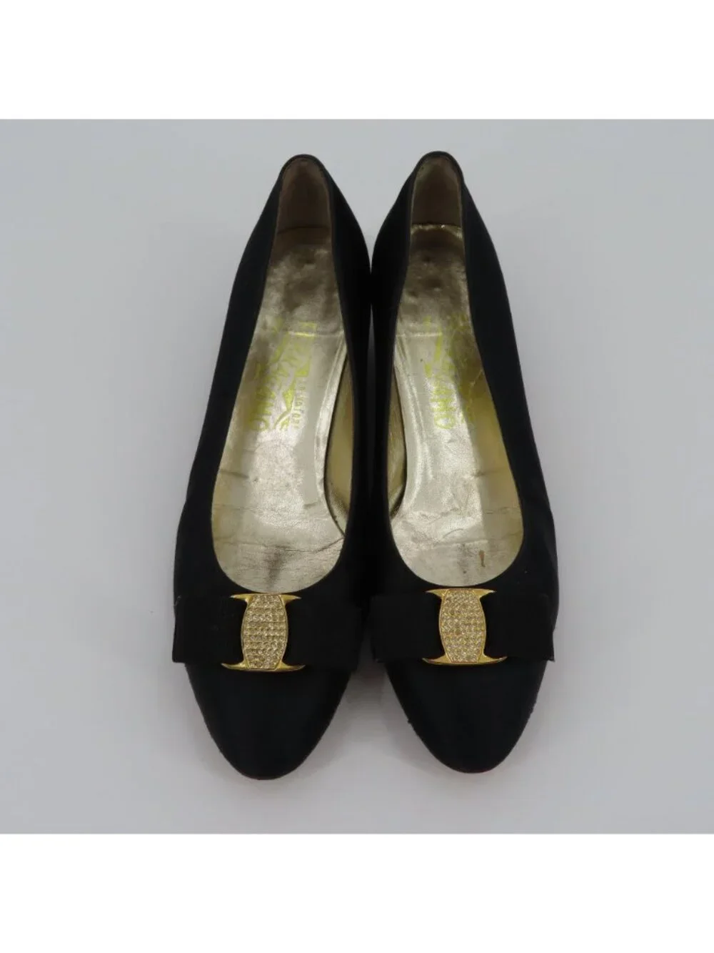Salvatore Ferragamo Womens 8 AA Vara Gold Rhinestone Black Satin Bow Heels Shoes